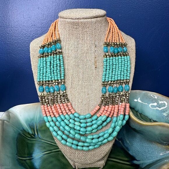 Hand Beaded Gold Teal and Peach Necklace Tribal Multi Strand Necklace - Picture 1 of 2